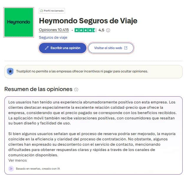 resumen opiniones heymondo truspilot